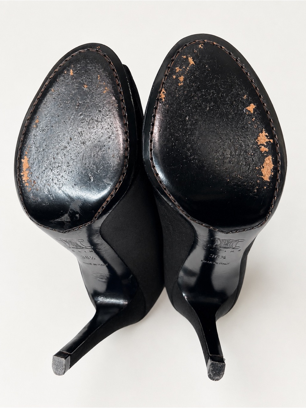 Luxury Celine Black Satin Peep-Toe Stiletto with Silver Chain Accent 36.5 - Picture 7 of 10